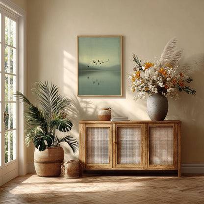 Birds Over Calm Lake Poster - Minimalist Wall Art, Soft Green Landscape Print