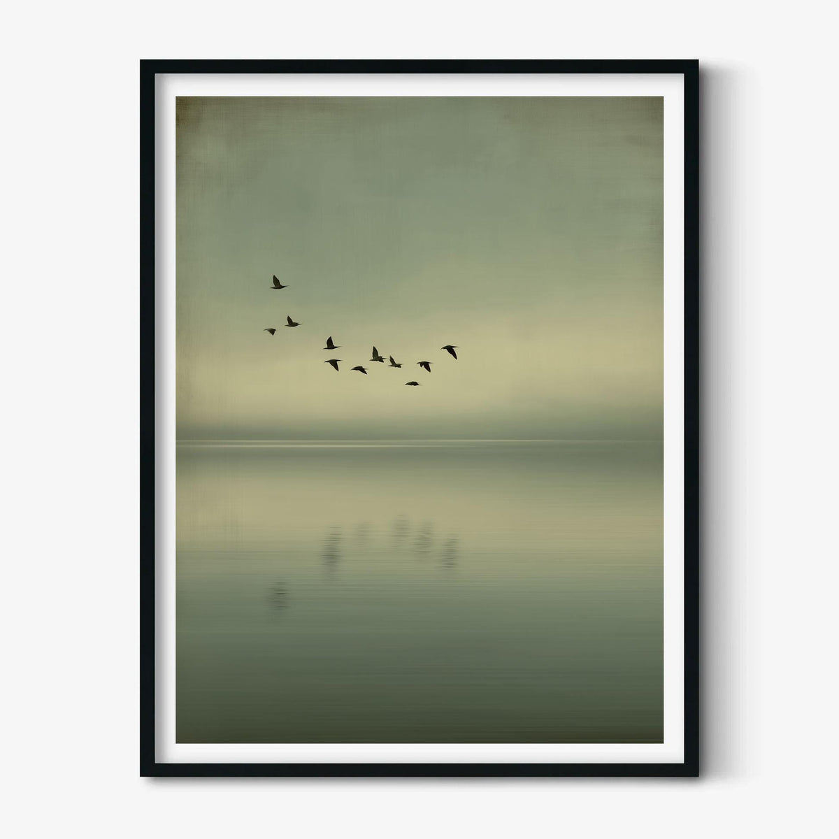 Minimalist Birds Over Sea Print, Calming Green Wall Art, Scandinavian Coastal Decor