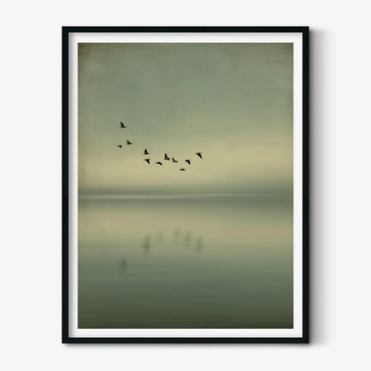 Minimalist Birds Over Sea Print, Calming Green Wall Art, Scandinavian Coastal Decor