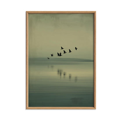 Minimalist Birds Over Lake Poster - Serene Green Landscape Wall Art Print