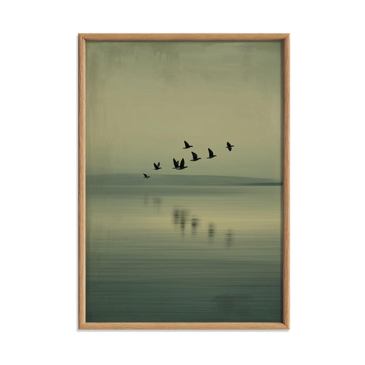 Minimalist Birds Over Lake Poster - Serene Green Landscape Wall Art Print