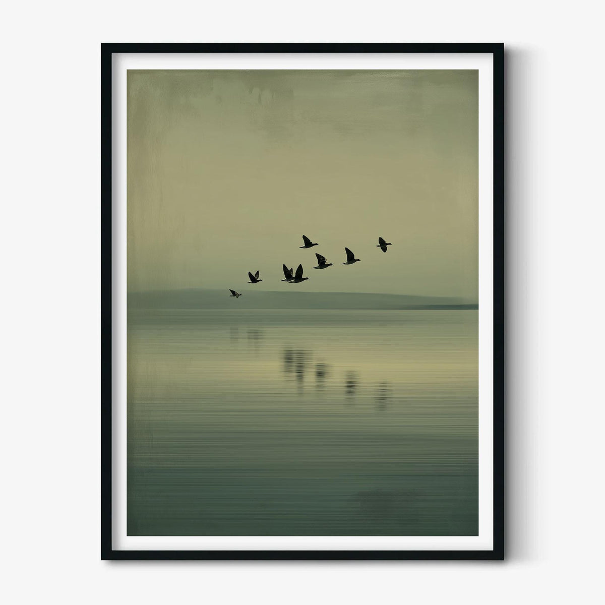 Minimalist Birds Over Lake Poster - Serene Green Landscape Wall Art Print
