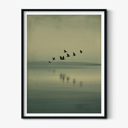 Minimalist Birds Over Lake Poster - Serene Green Landscape Wall Art Print