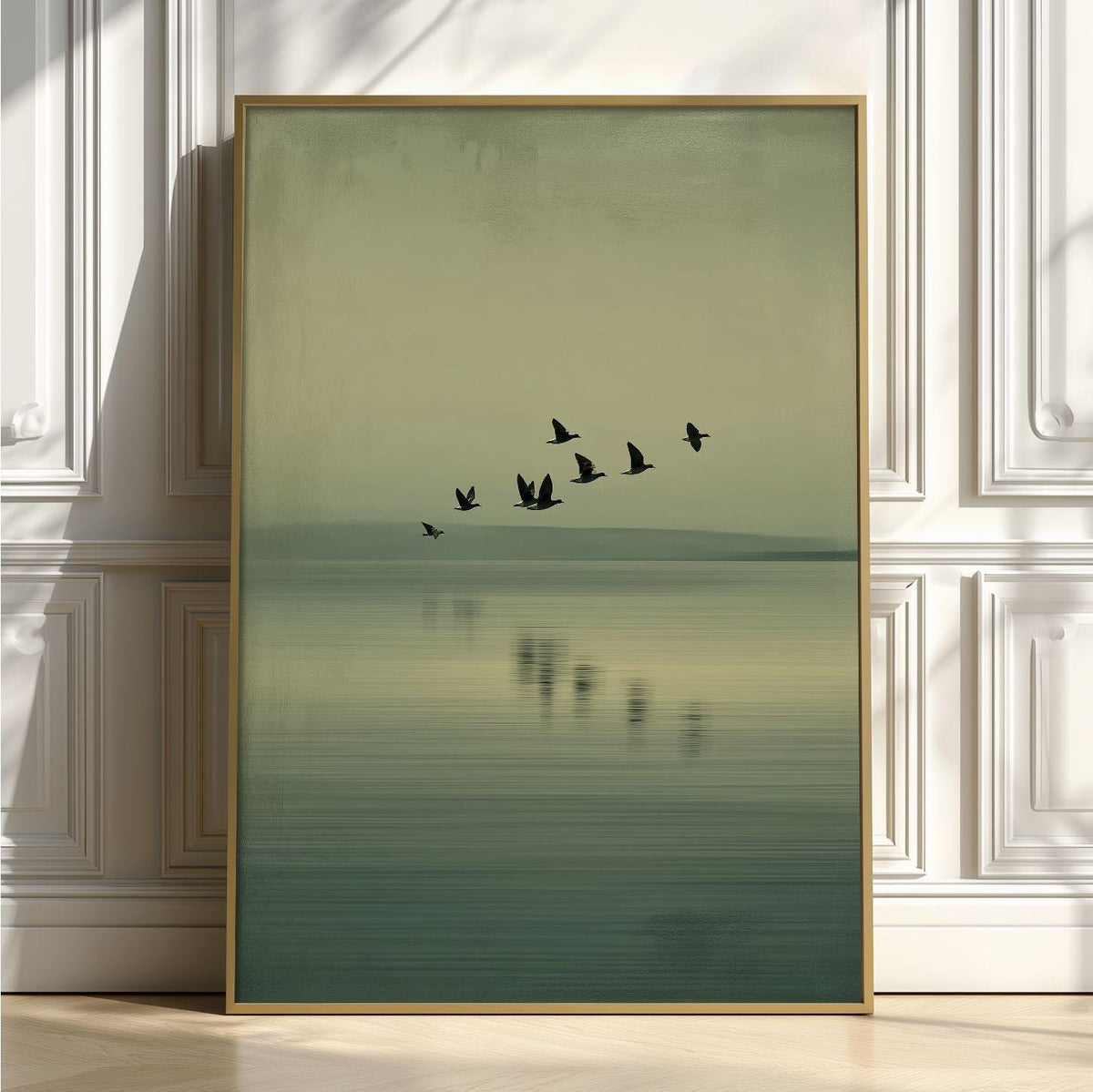 Minimalist Birds Over Lake Poster - Serene Green Landscape Wall Art Print