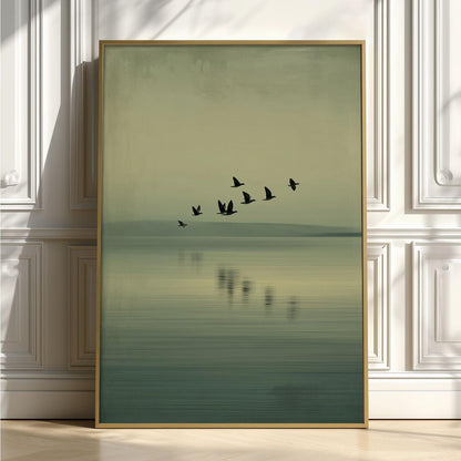 Minimalist Birds Over Lake Poster - Serene Green Landscape Wall Art Print