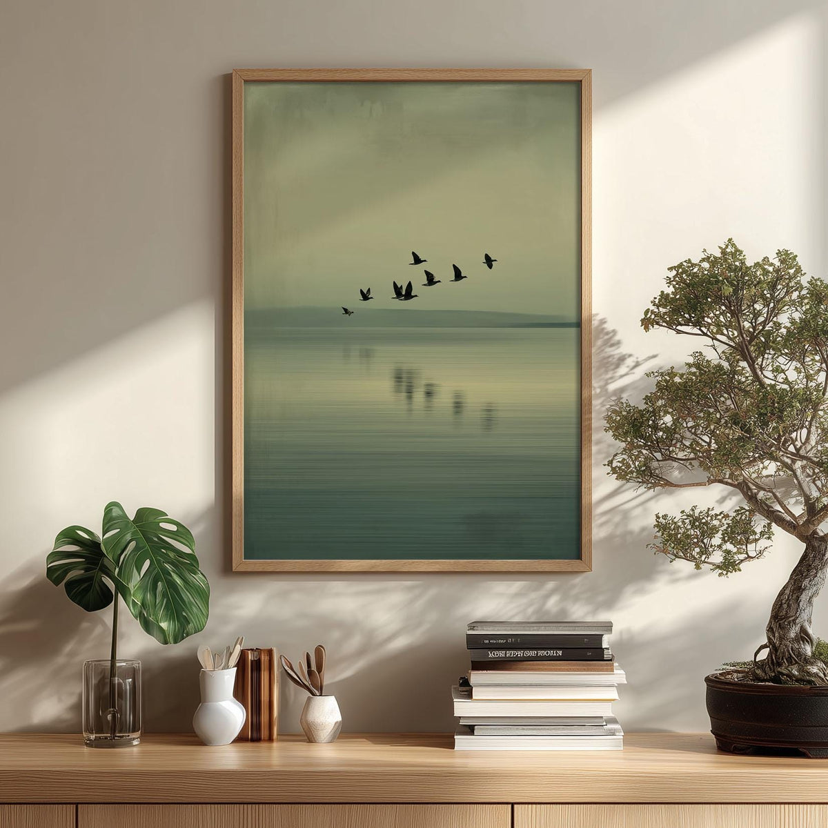 Minimalist Birds Over Lake Poster - Serene Green Landscape Wall Art Print