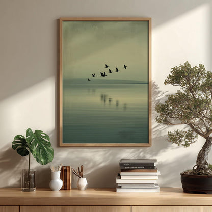 Minimalist Birds Over Lake Poster - Serene Green Landscape Wall Art Print