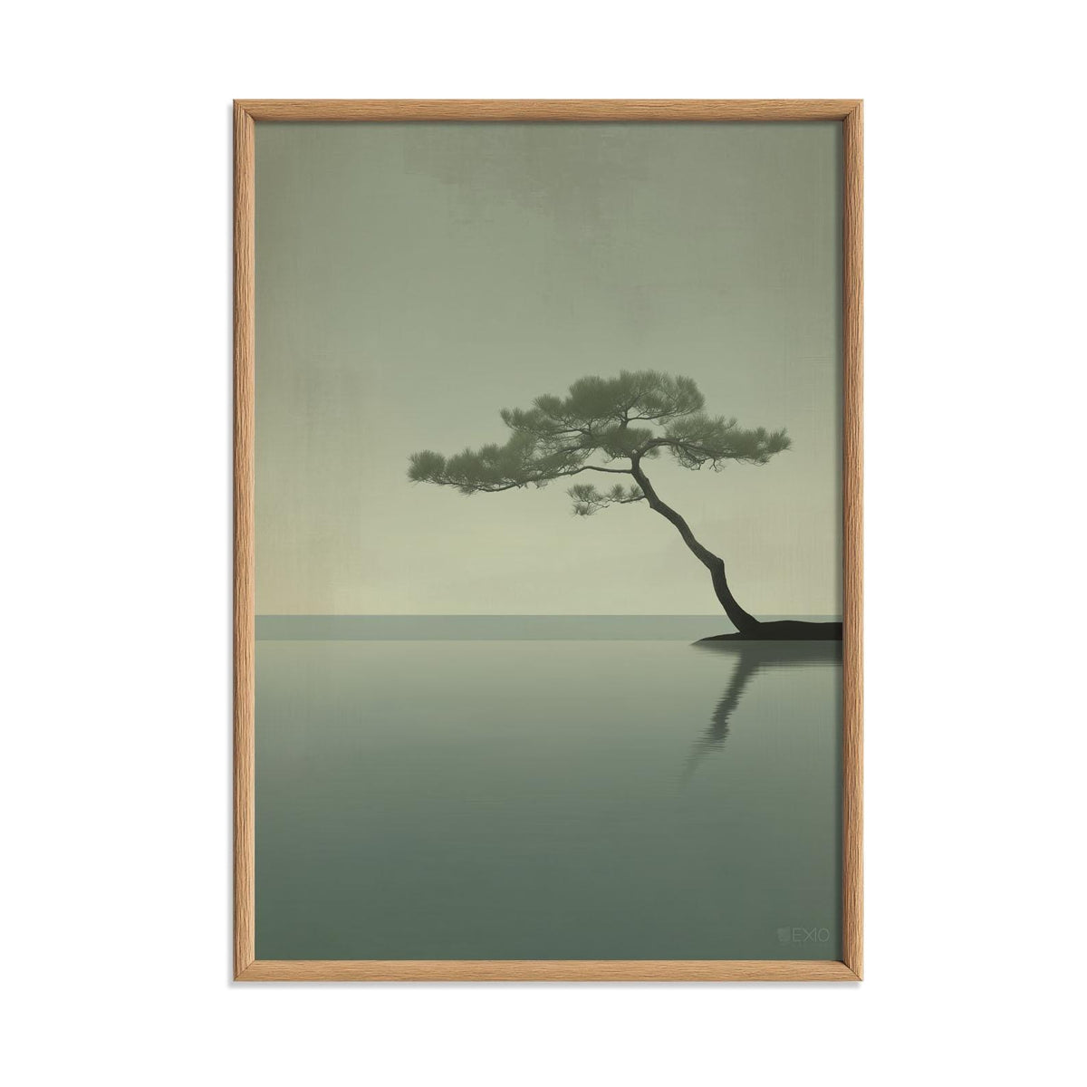Bonsai Pine Art Print, Minimalist Japandi Seascape, Sage Green Wall Art