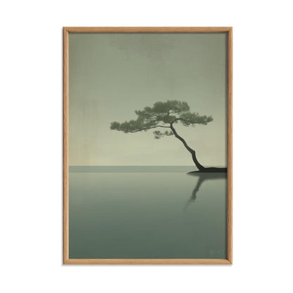 Bonsai Pine Art Print, Minimalist Japandi Seascape, Sage Green Wall Art
