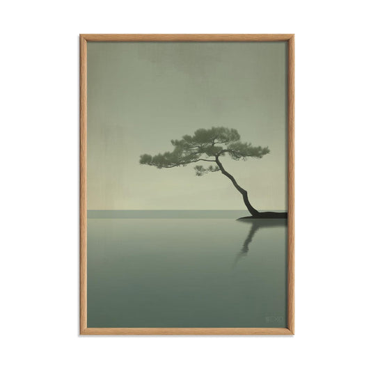 Bonsai Pine Art Print, Minimalist Japandi Seascape, Sage Green Wall Art