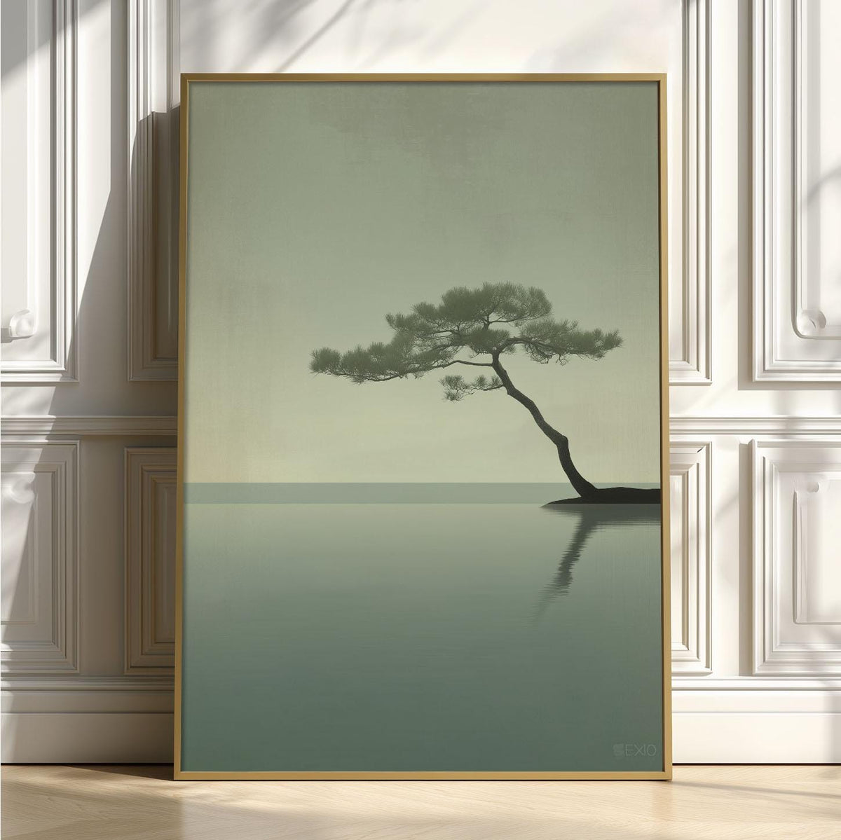 Bonsai Pine Art Print, Minimalist Japandi Seascape, Sage Green Wall Art