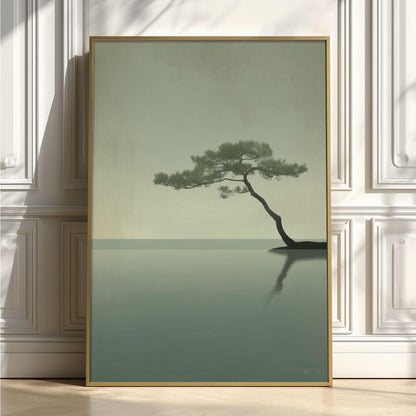 Bonsai Pine Art Print, Minimalist Japandi Seascape, Sage Green Wall Art