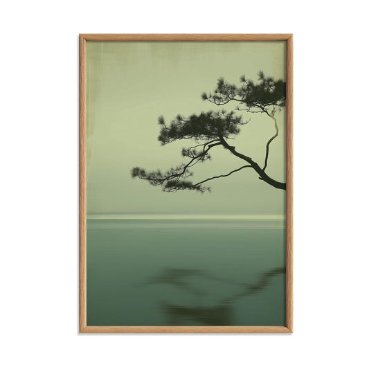 Japandi Pine Wall Art, Minimalist Sage Seascape, Zen Tree Print