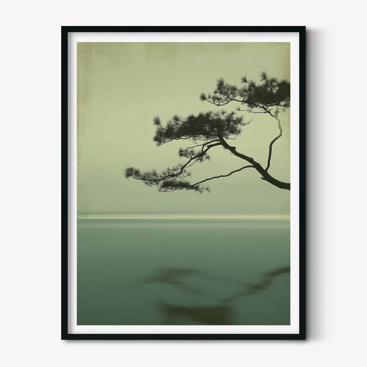 Japandi Pine Wall Art, Minimalist Sage Seascape, Zen Tree Print