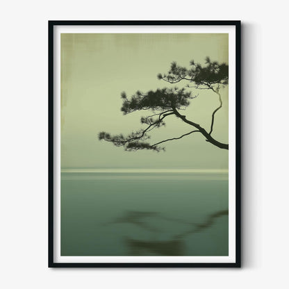 Japandi Pine Wall Art, Minimalist Sage Seascape, Zen Tree Print