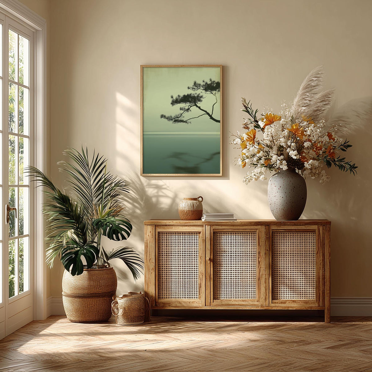 Japandi Pine Wall Art, Minimalist Sage Seascape, Zen Tree Print