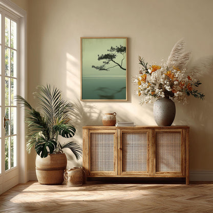 Japandi Pine Wall Art, Minimalist Sage Seascape, Zen Tree Print