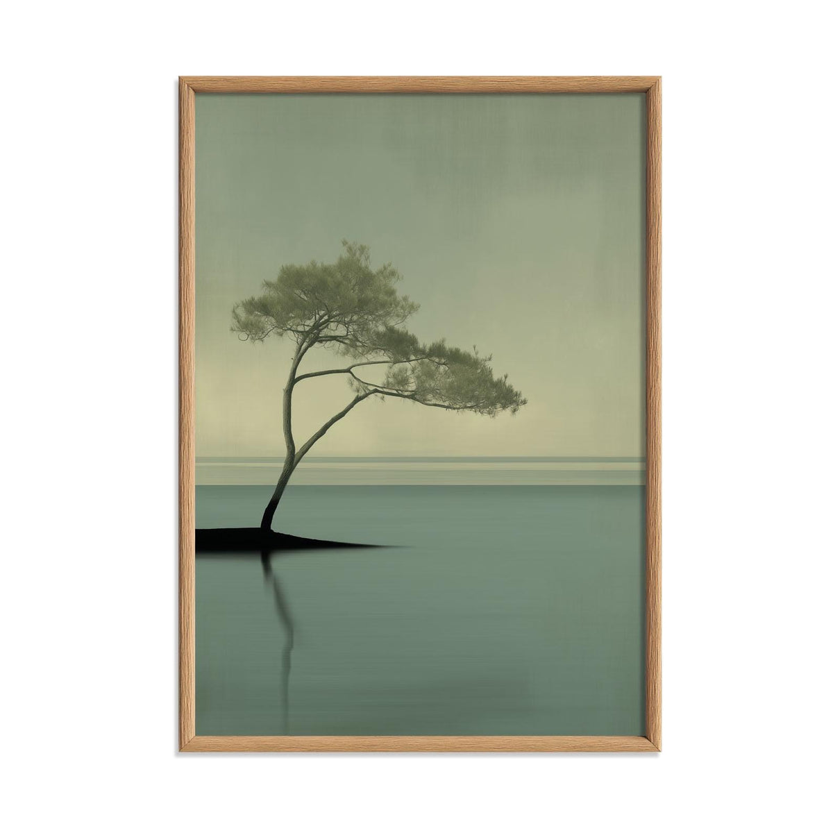 Pine Tree Poster Print, Sage Green Seascape, Japandi Wall Art