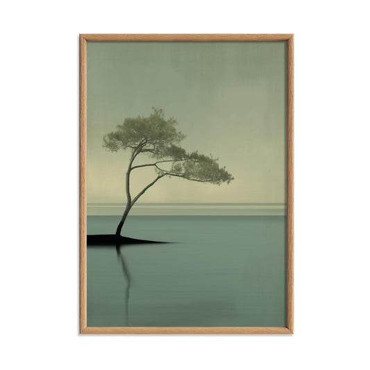 Pine Tree Poster Print, Sage Green Seascape, Japandi Wall Art