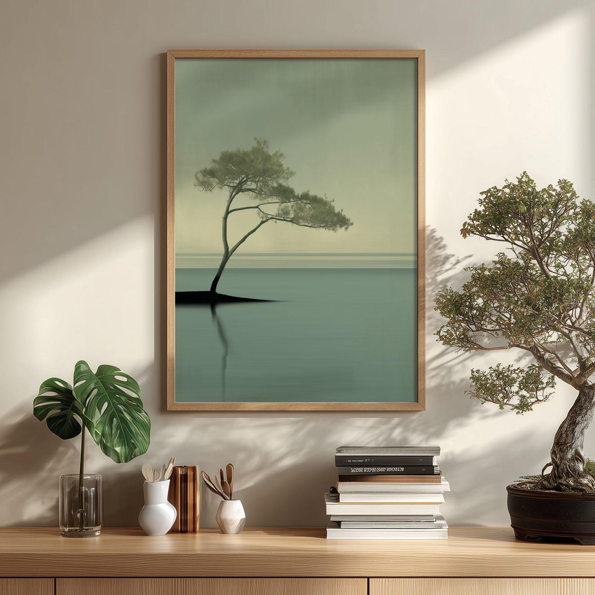 Pine Tree Poster Print, Sage Green Seascape, Japandi Wall Art