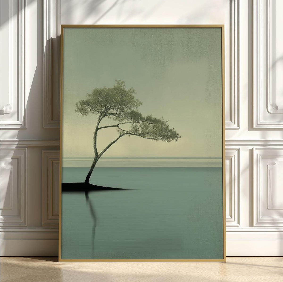 Pine Tree Poster Print, Sage Green Seascape, Japandi Wall Art