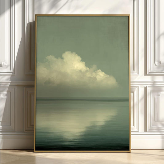Cloud Reflection Print, Sage Green Seascape, Minimalist Japandi Wall Art