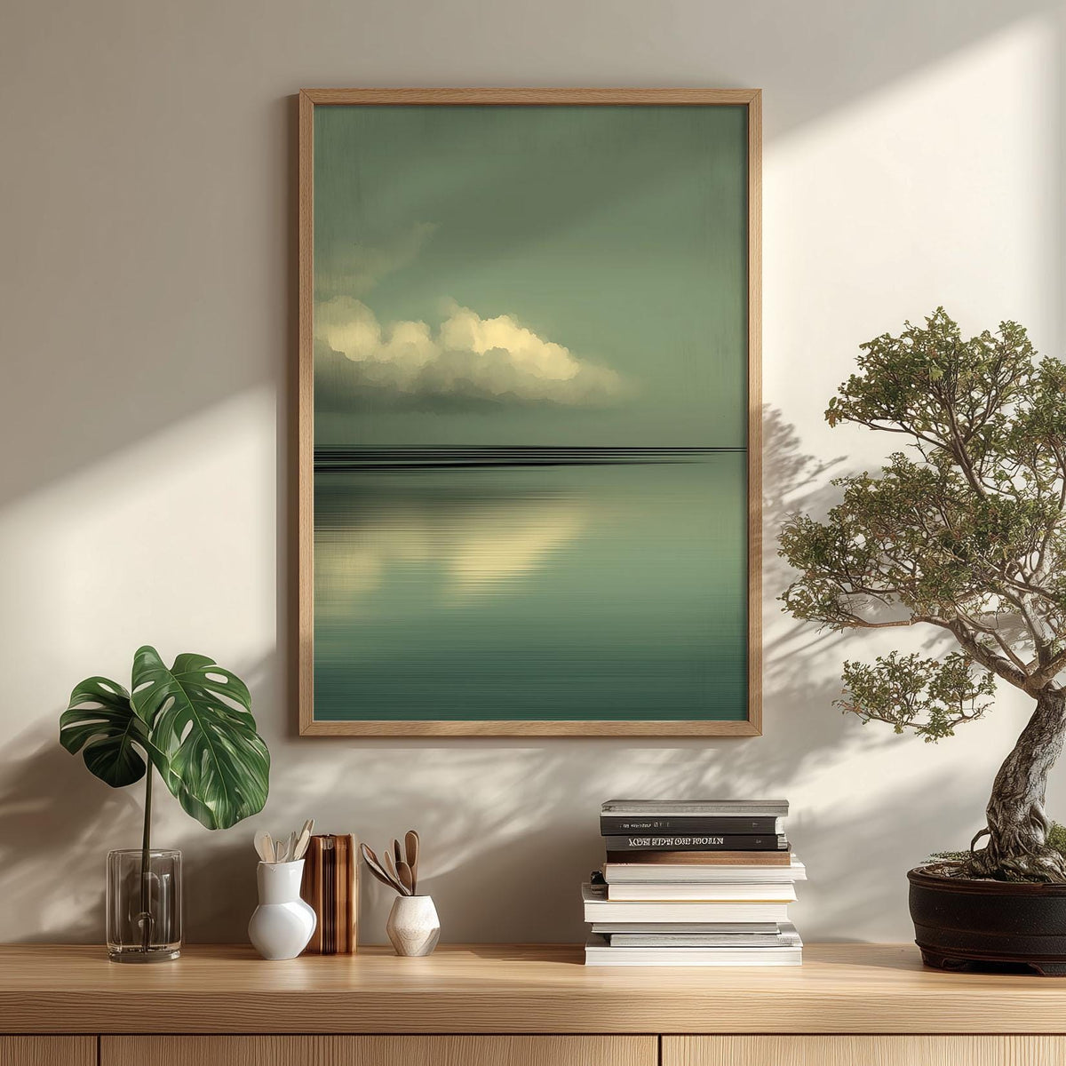 Cloud Poster Print, Sage Green Seascape, Japandi Wall Art