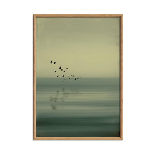 Flying Birds Art Print, Sage Green Seascape, Japandi Wall Art