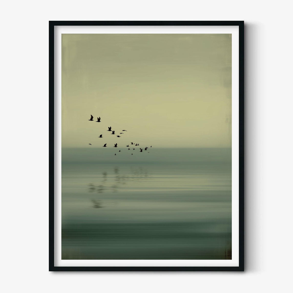 Flying Birds Art Print, Sage Green Seascape, Japandi Wall Art