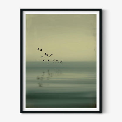 Flying Birds Art Print, Sage Green Seascape, Japandi Wall Art