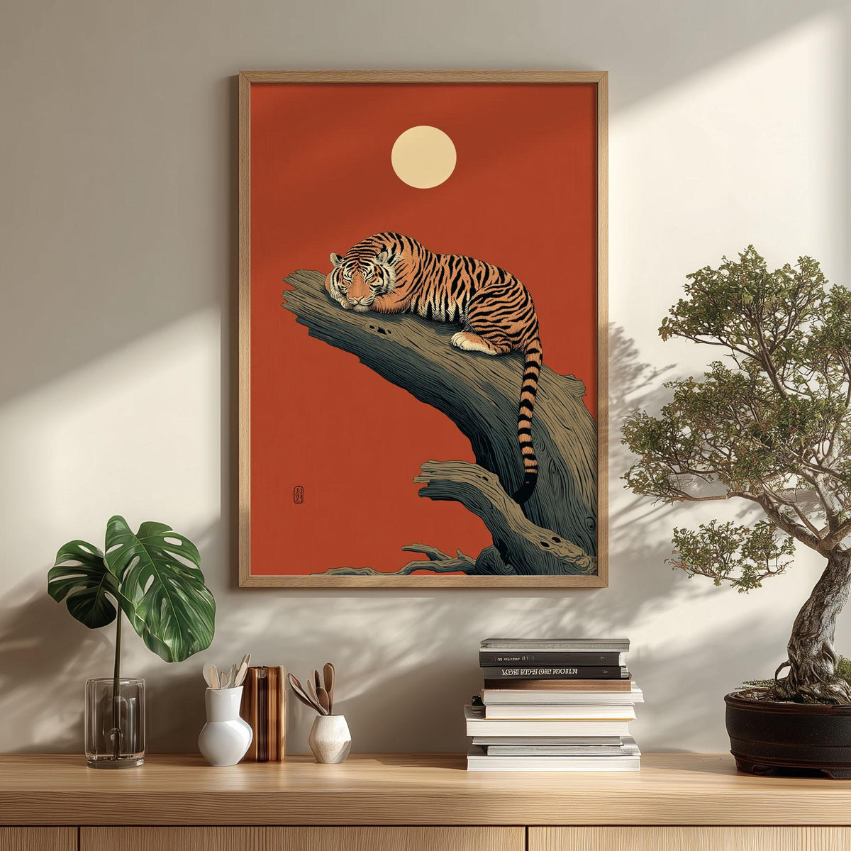 Sleeping Tiger Poster Print, East Asian Style, Red Moon Wall Art