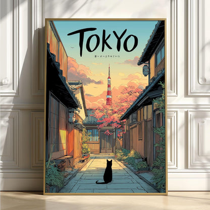 Tokyo Cat Travel Poster, Cherry Blossom Street, Japanese Wall Art