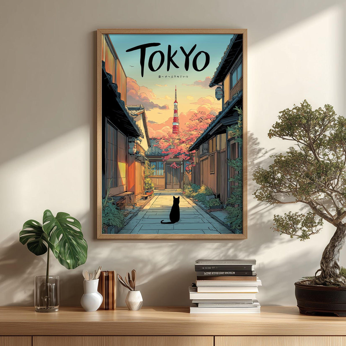 Tokyo Cat Travel Poster, Cherry Blossom Street, Japanese Wall Art
