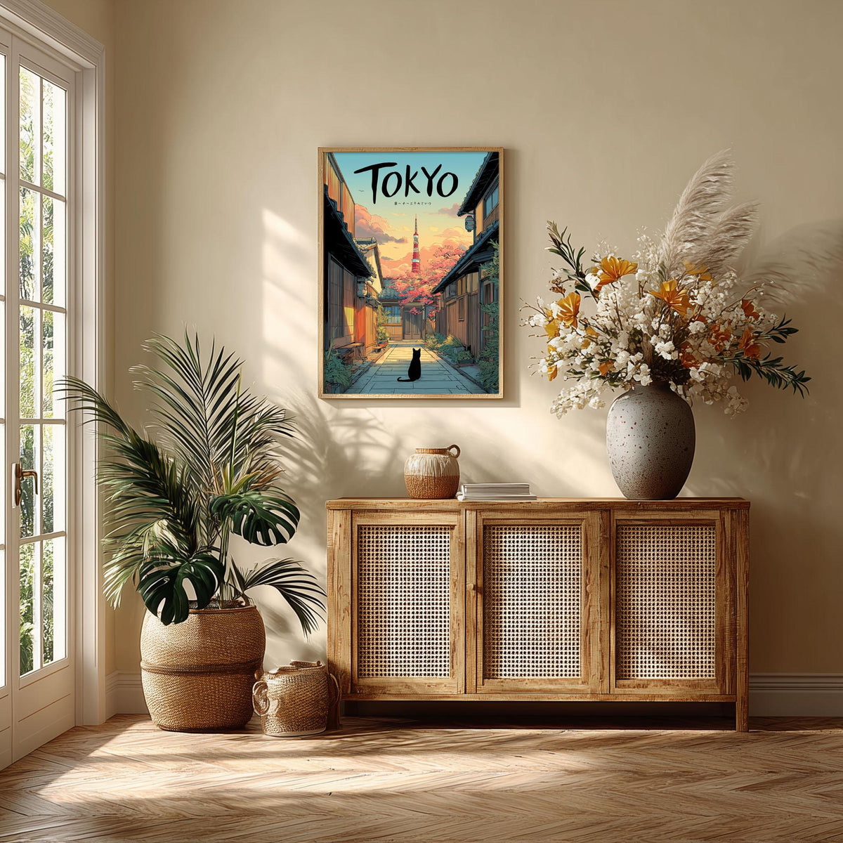 Tokyo Cat Travel Poster, Cherry Blossom Street, Japanese Wall Art