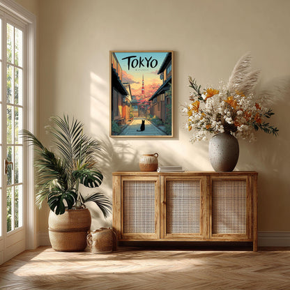 Tokyo Cat Travel Poster, Cherry Blossom Street, Japanese Wall Art