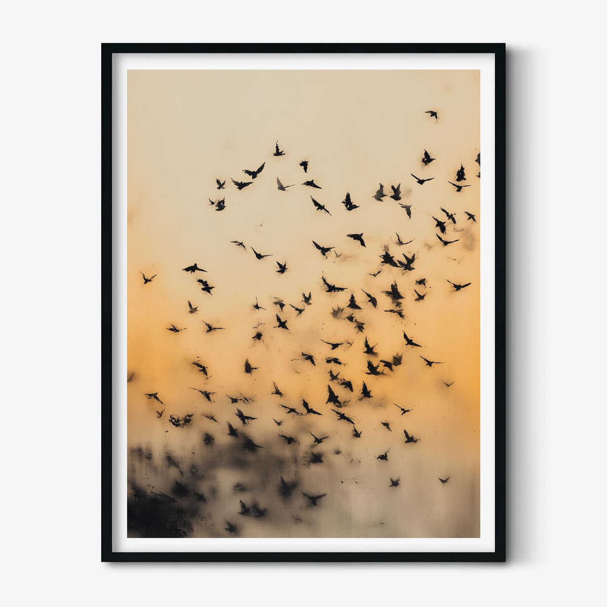Bird Flock Art Print, Japanese Ink Wash Style, Warm Sunset Wall Art