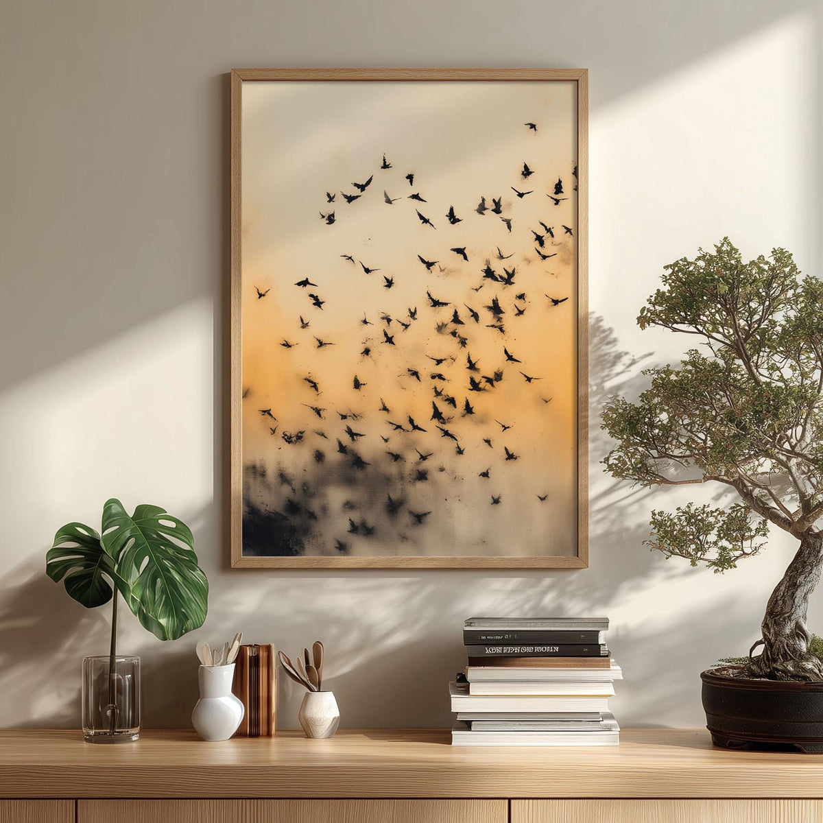 Bird Flock Art Print, Japanese Ink Wash Style, Warm Sunset Wall Art