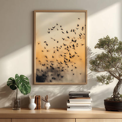 Bird Flock Art Print, Japanese Ink Wash Style, Warm Sunset Wall Art