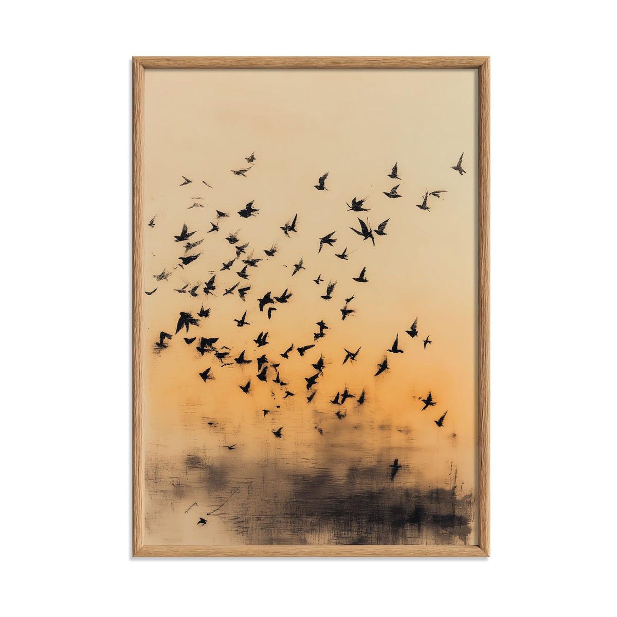 Flock of Birds Poster Print, Japanese Ink Wash Style, Sunset Wall Art