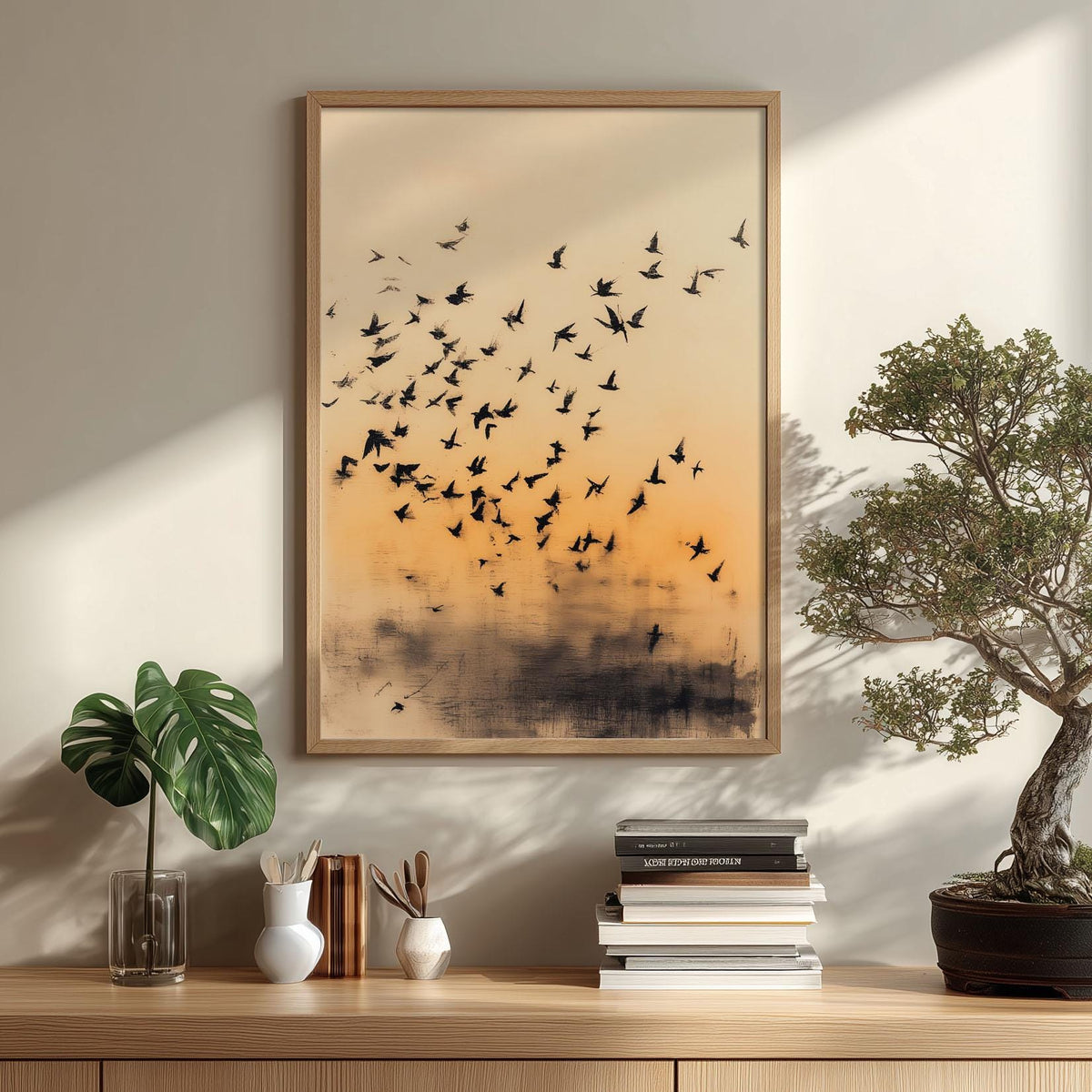 Flock of Birds Poster Print, Japanese Ink Wash Style, Sunset Wall Art
