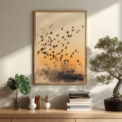 Flock of Birds Poster Print, Japanese Ink Wash Style, Sunset Wall Art