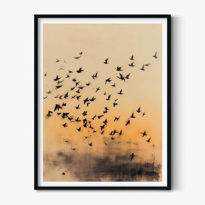 Flock of Birds Poster Print, Japanese Ink Wash Style, Sunset Wall Art