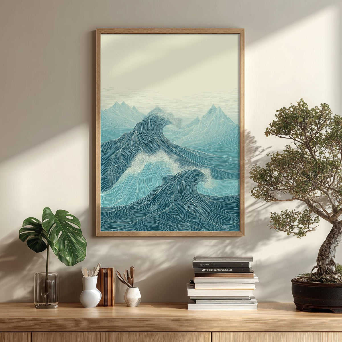 Teal Line Art Ocean Waves Print, Coastal Seascape Wall Art