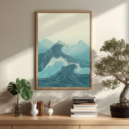Teal Line Art Ocean Waves Print, Coastal Seascape Wall Art