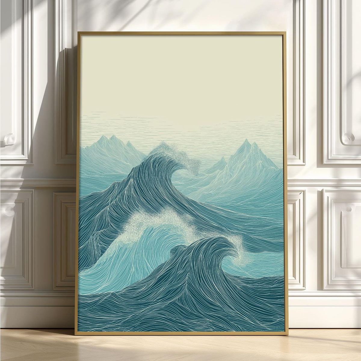 Teal Line Art Ocean Waves Print, Coastal Seascape Wall Art
