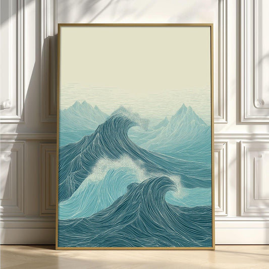 Teal Line Art Ocean Waves Print, Coastal Seascape Wall Art