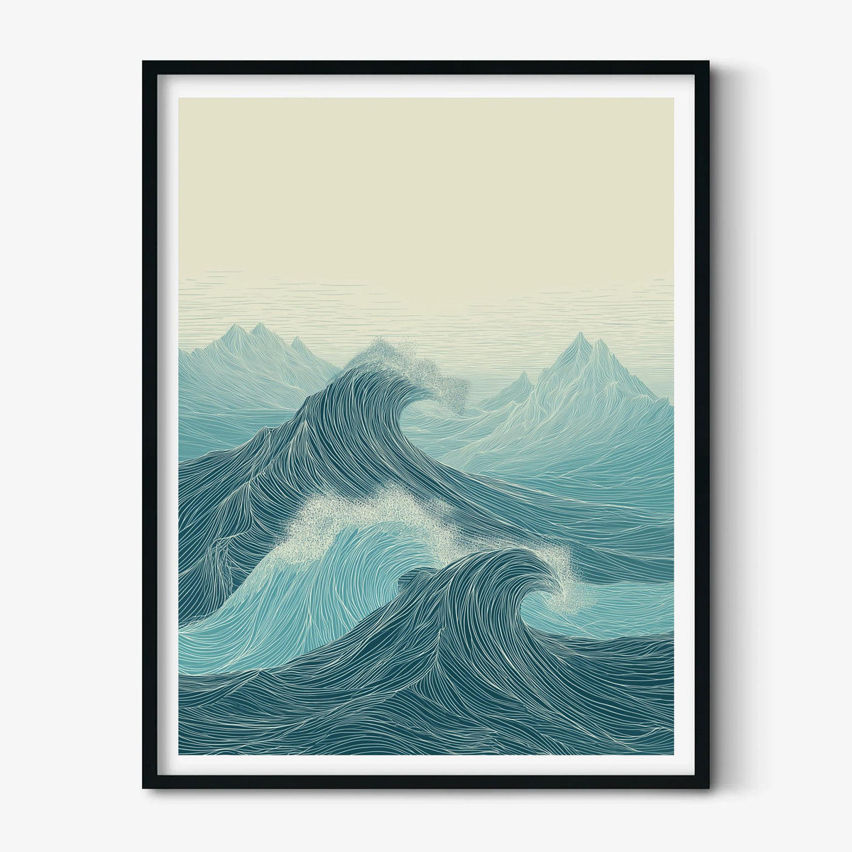 Teal Line Art Ocean Waves Print, Coastal Seascape Wall Art