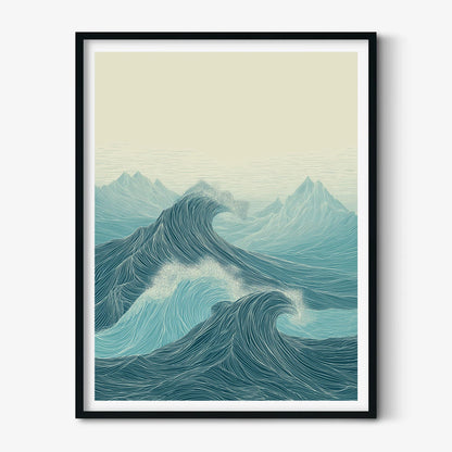 Teal Line Art Ocean Waves Print, Coastal Seascape Wall Art
