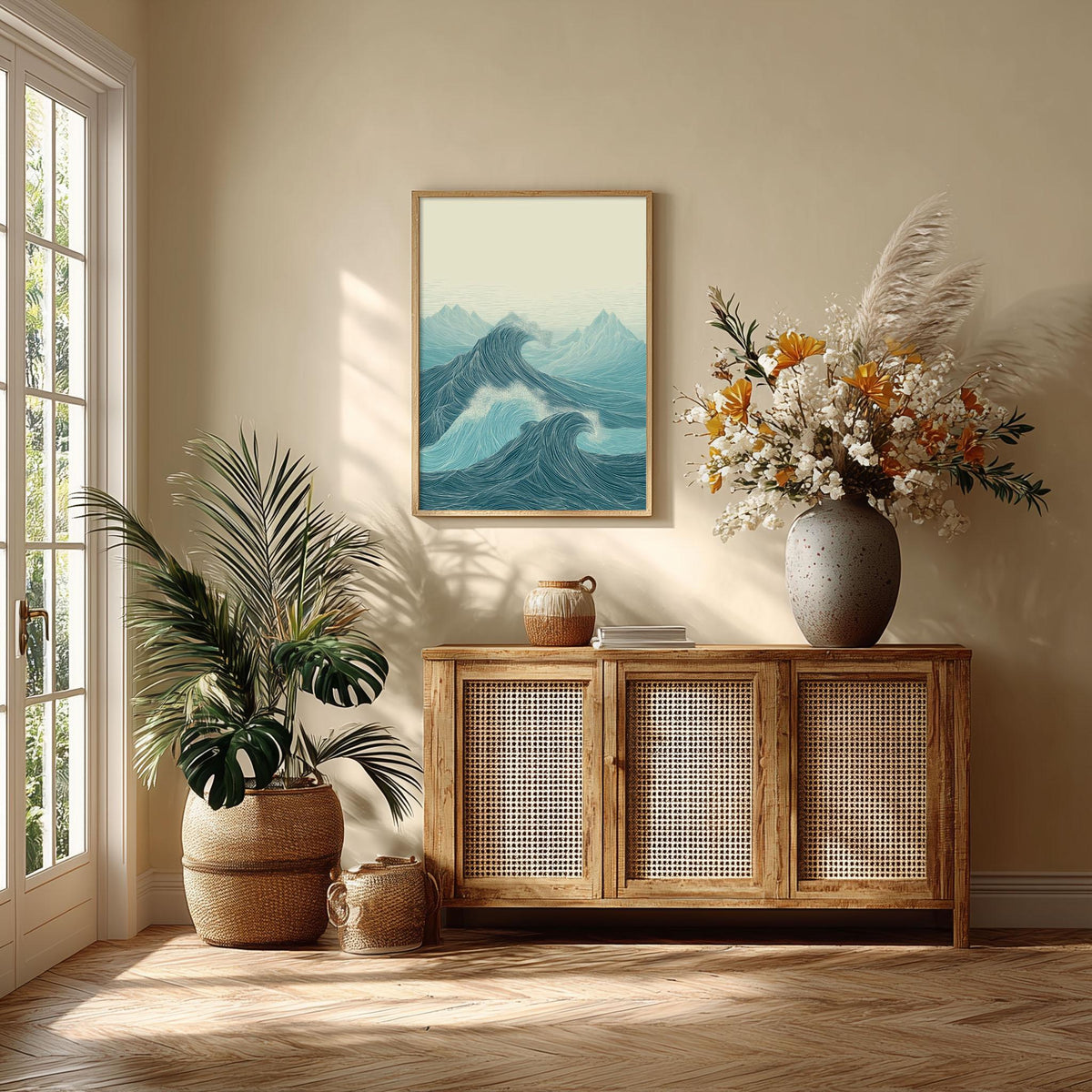 Teal Line Art Ocean Waves Print, Coastal Seascape Wall Art