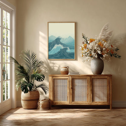 Teal Line Art Ocean Waves Print, Coastal Seascape Wall Art